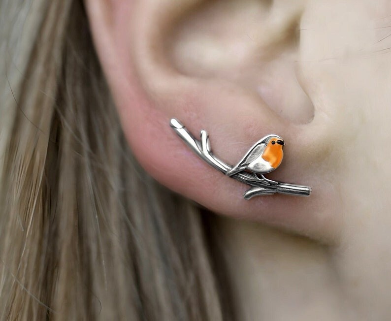 Robin Bird ear climbers Earring, Sterling Silver and orange enamel Bird Jewelry