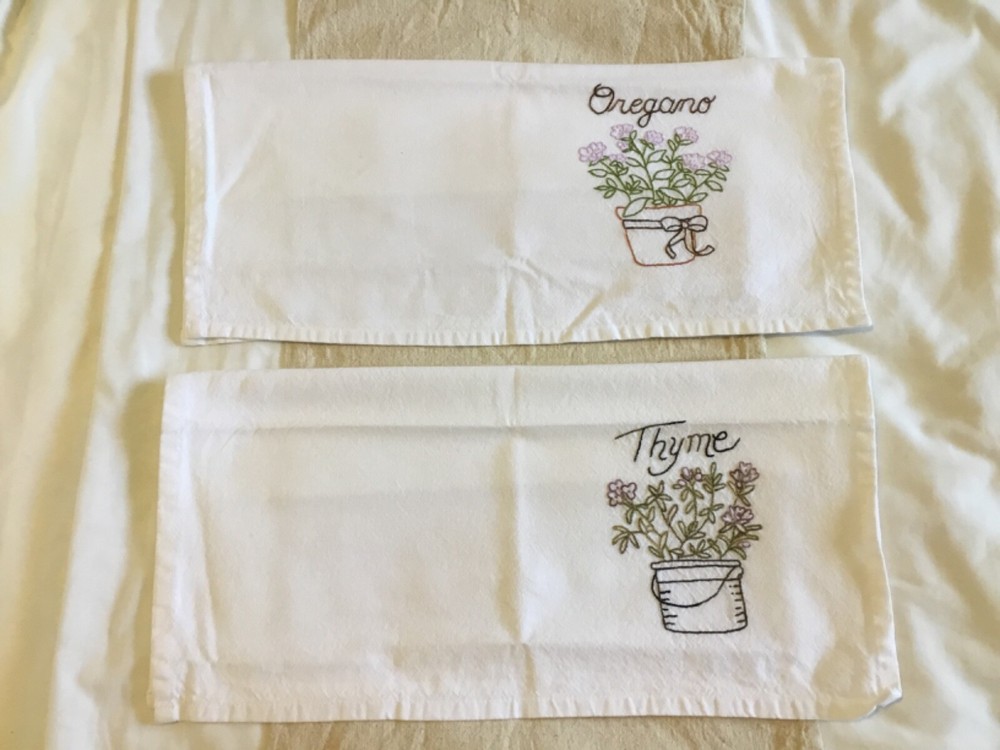 KAF HOME Kitchen TOWEL Artist Embroidered Herbal Designs. Set of 2