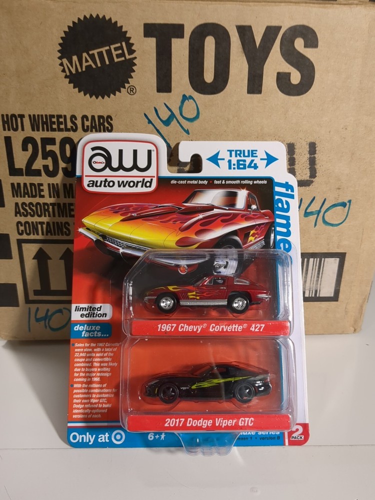 Auto World Flames 2 Pack 1967 Chevy Corvette 2017 Dodge Viper GTC Target Exclusive