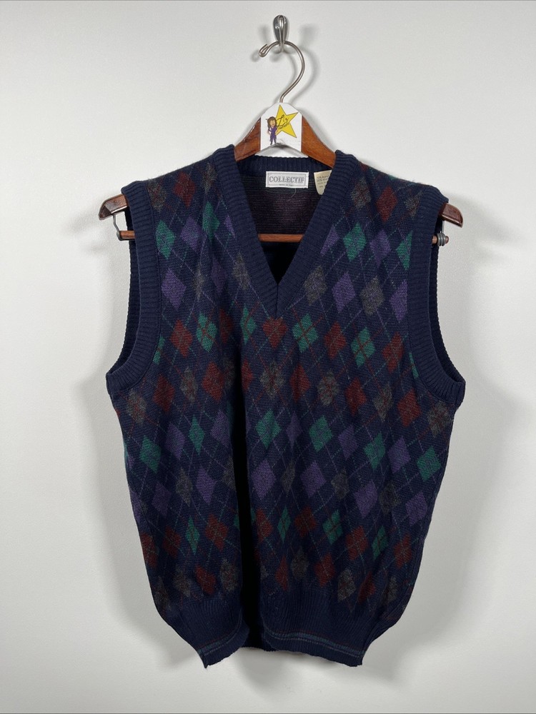 Vtg Argyle Wool BlendSweater Vest Medium  Made in Italy Preppy V-Neck Collectif