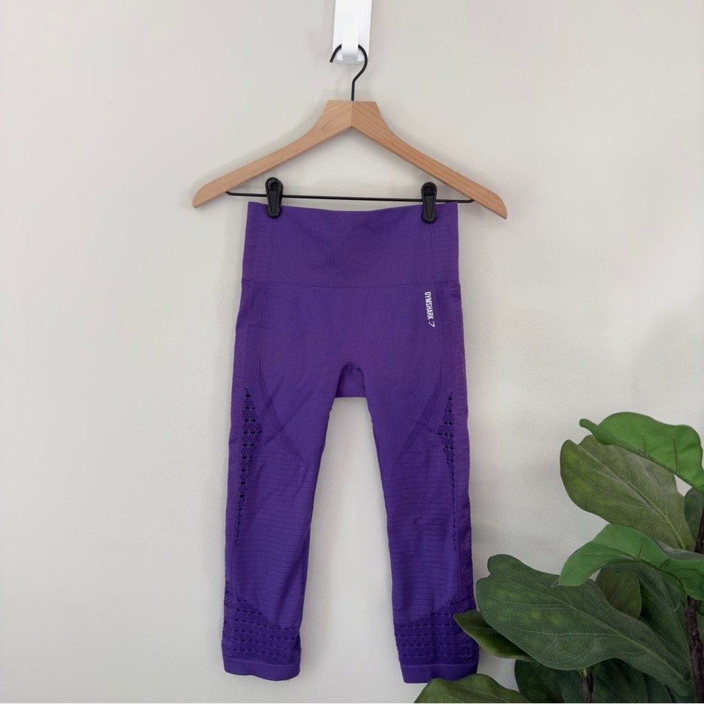 Gymshark Dry Cropped Leggings with Eyelet Detail in Purple White Logo for Gym