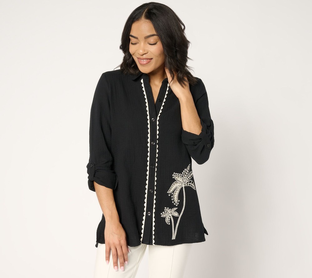 Susan Graver Women's Top Petite PS Soleil Gauze Button Front Black A683094