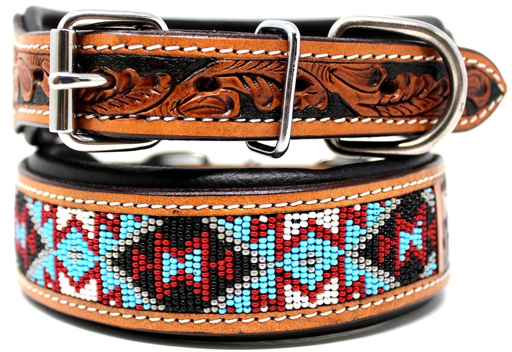 Challenger Made 100% Cow Leather Hand Tooled Puppy Dog Collar Adjustable Padded