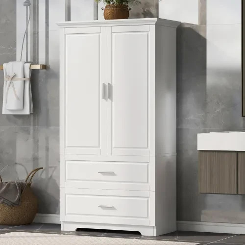 Tall White Bathroom Storage Cabinet with Doors & Drawers  Adjustable Shelf MDF