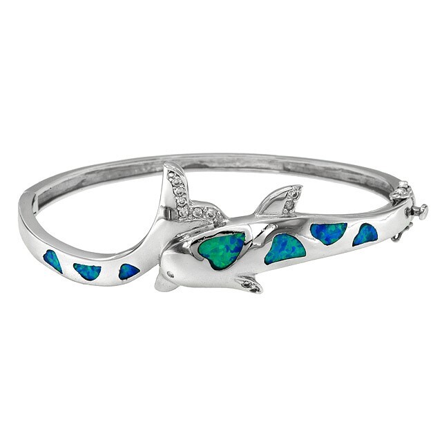 Australian Opal & Topaz 925 Sterling Silver Dolphin Bangle Bracelet OX2