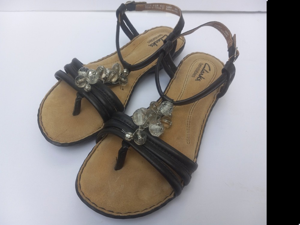 Clarks Bendables Women's Size 6.5 Black Ankle Strap Sandals Clear Bead Accents