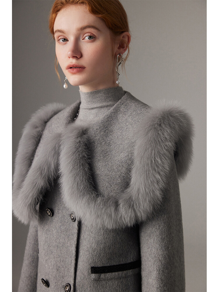 Double-Sided Cashmere Coat with Fox Fur Collar Korean Cape Short Woolen Coat-image