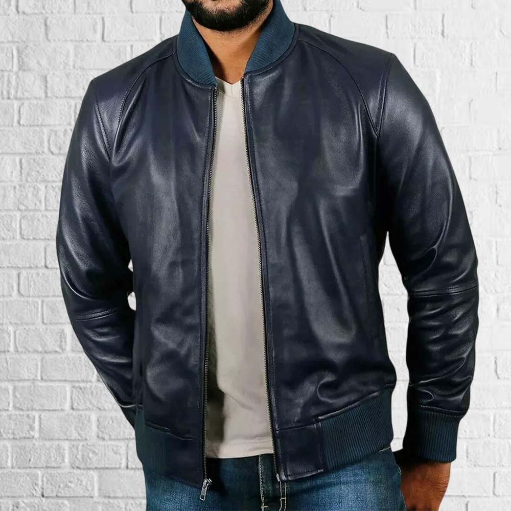 Men's Slim Fit Blue Biker Lambskin Leather Jacket Motorcycle Coat