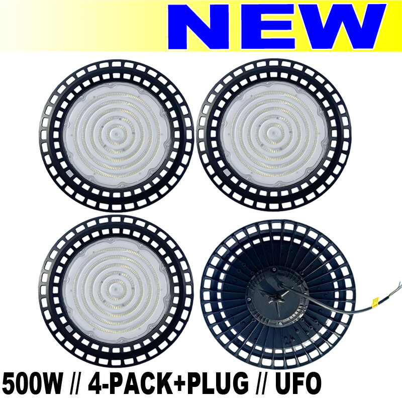 4Pc 500W High Bay LED UFO Light Fixtures with Plug for Warehouse and Commercial Use