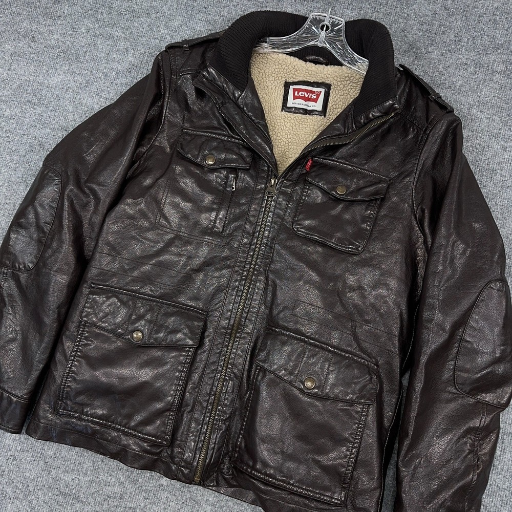 Levis Men’s Brown Faux Leather Sherpa-Lined Trucker Utility Jacket with Pockets