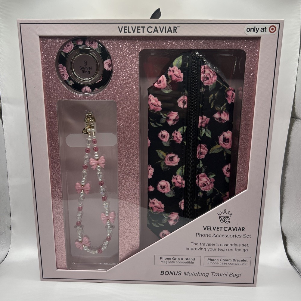 VELVET CAVIAR Pink Rose Floral Phone Accessories Set with Free Shipping