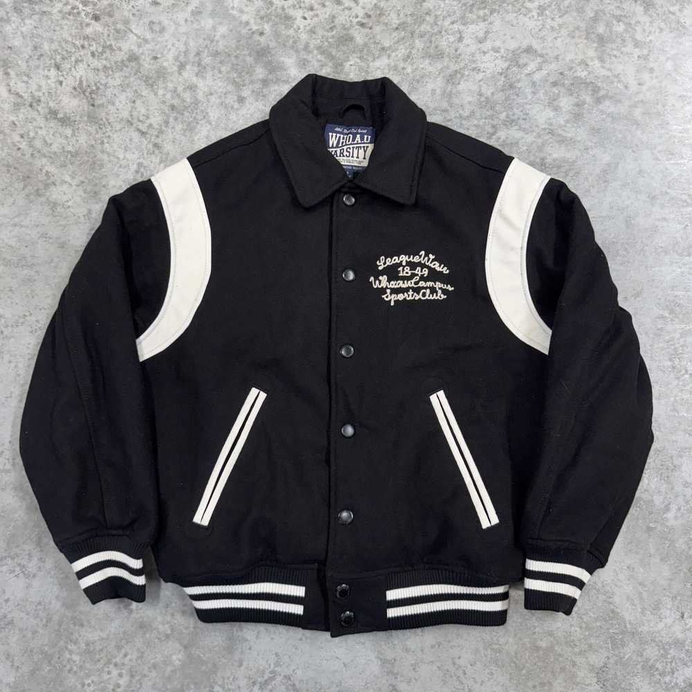 WHO.A.U Varsity Jacket Mens Small Black White Quilted Lined Snap Button Striped