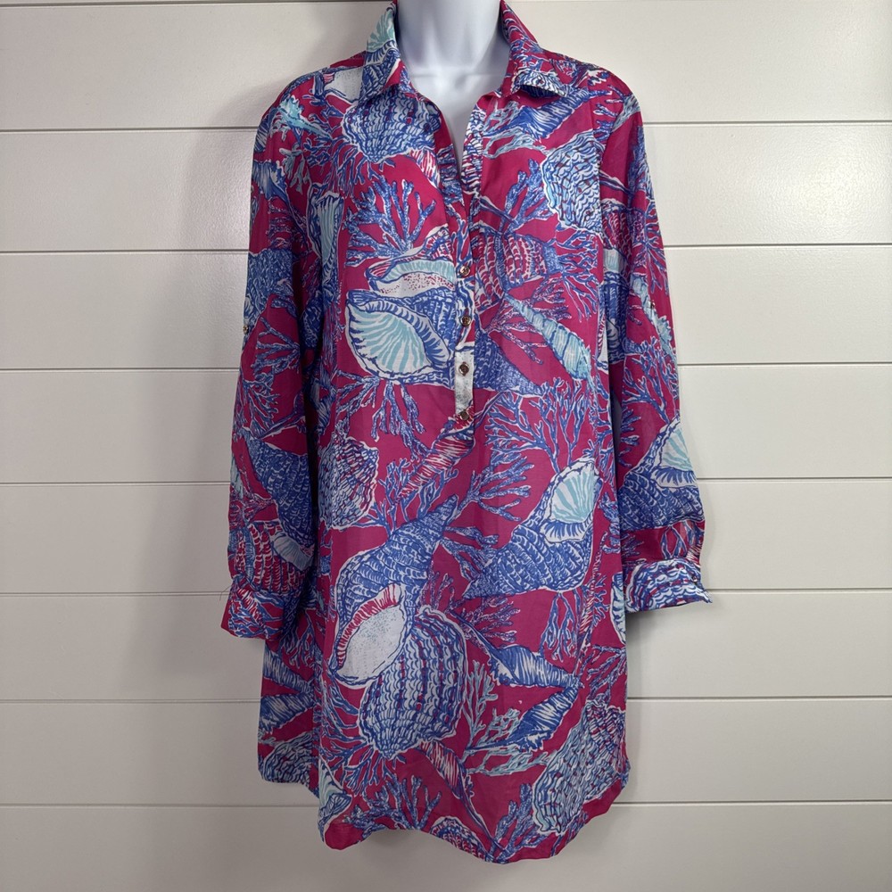 Talbots Tunic Top Dress Swimsuit Coverup Pink Blue Seashell Pattern sz S