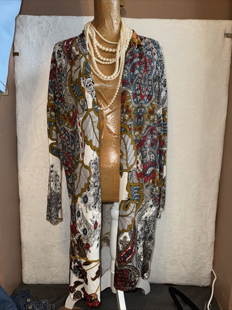 Chico’s Paisley Long Duster Kimono Size 2 Large Open Front Long Sleeve
