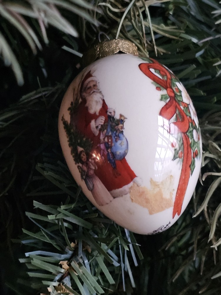 Vintage Hand-Painted Porcelain Egg Shaped Santa Christmas Ornament  