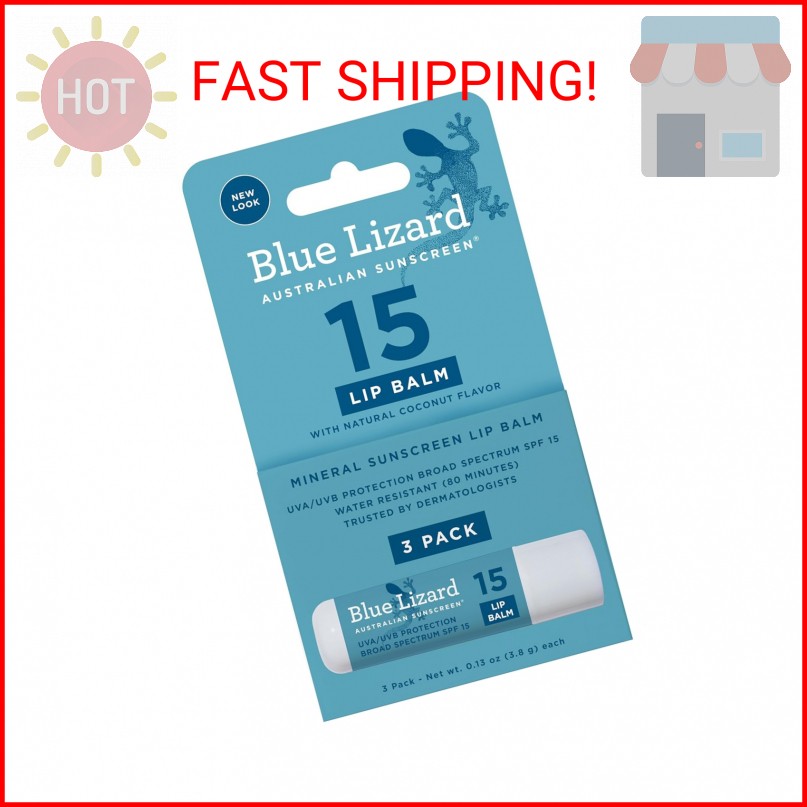 3-Pack Blue Lizard Mineral SPF 15 Lip Balm: Broad Spectrum Sun Protection, Natur