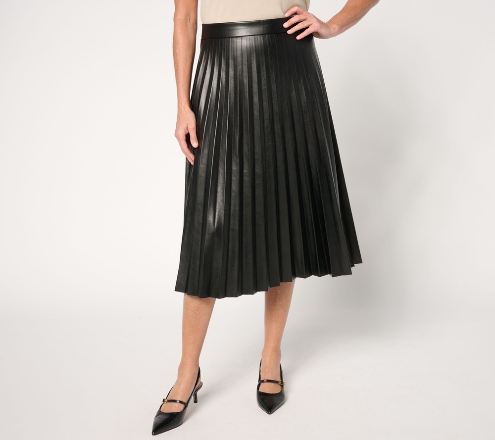 Susan Graver Womens Plus Size 3X Black Faux Leather Pleated Skirt A662853