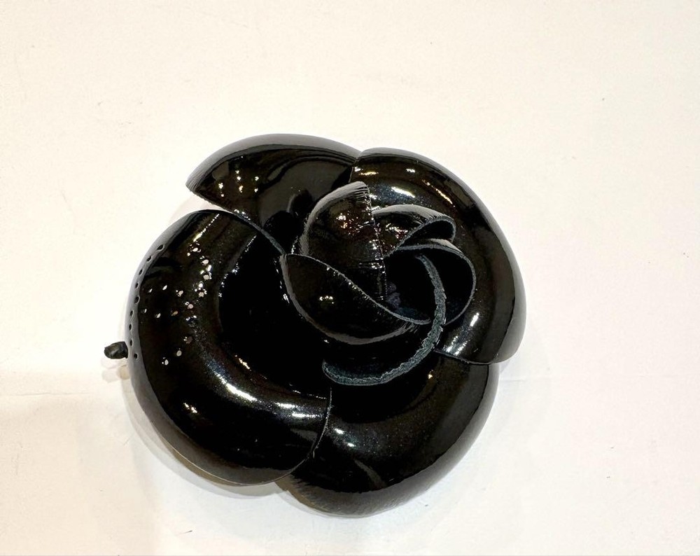 Chanel Vintage Black Camellia Leather Corsage Pin Badge