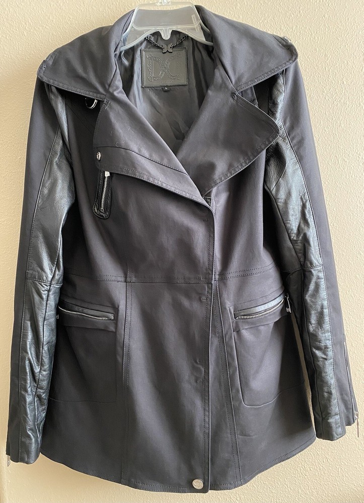 Dawn Levy Chase Black Leather Accents Asymmetrical Coat Size L Hidden Hood