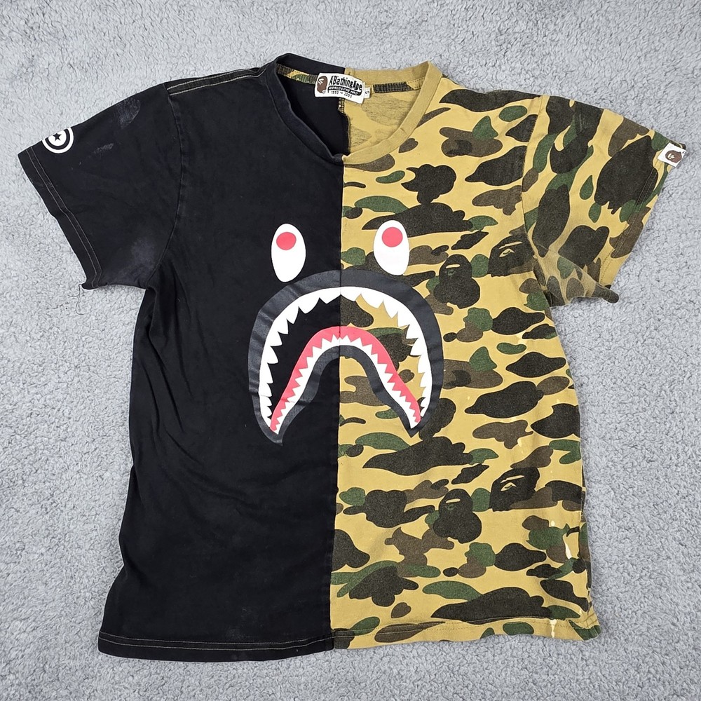 BAPE Kids Small Black Camo Shark Graphic Short Sleeve Shirt