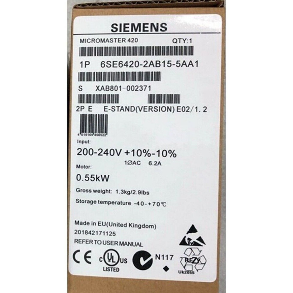 New Siemens 6SE6420-2AB15-5AA1 6SE64202AB155AA1 MICROMASTER420 without filter