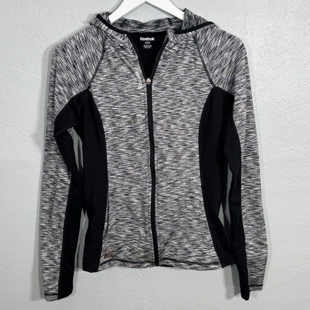 Reebok Zip Up Hoodie Activewear Black White Grey