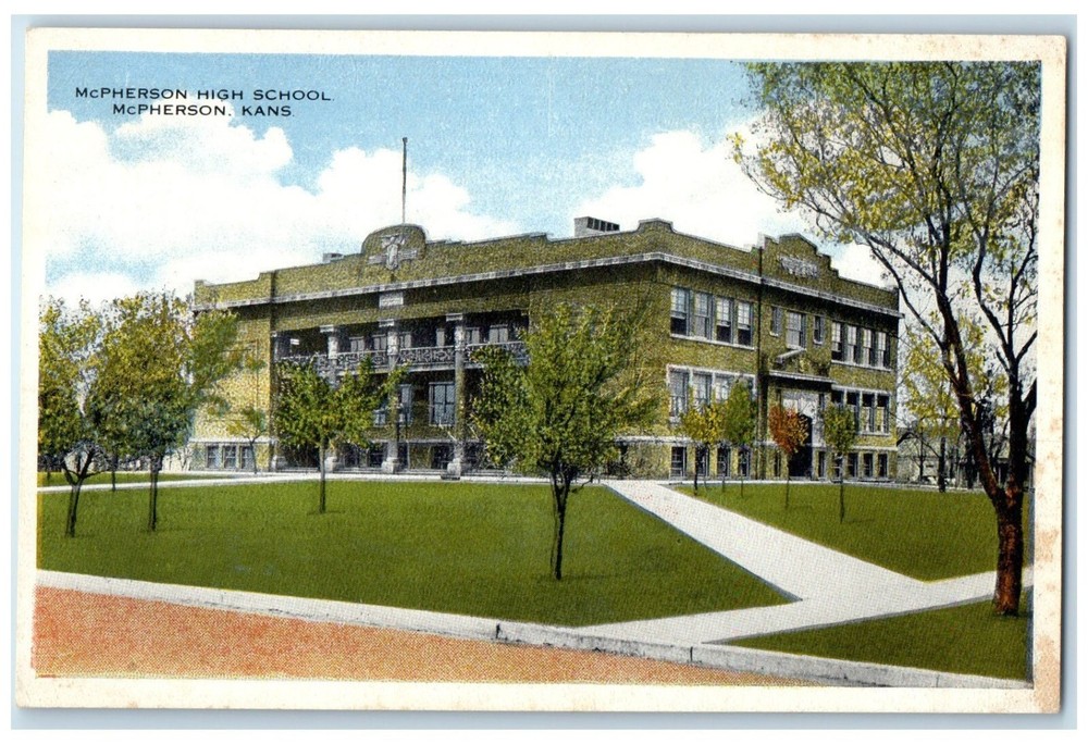 c1920 McPherson High School Exterior Building McPherson Kansas Vintage Postcard