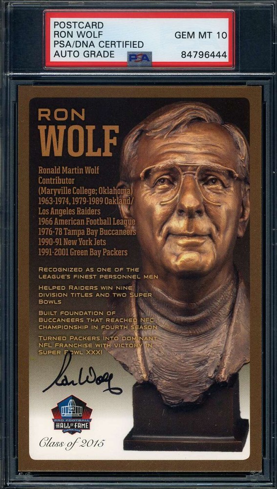 Ron Wolf Gem Mint 10 PSA DNA Signed HOF Bronze Bust Postcard Autograph