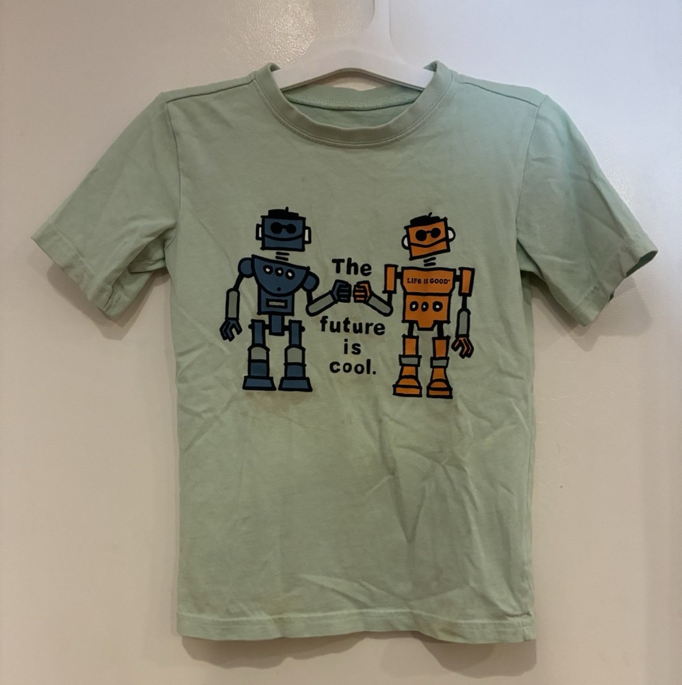 Life Is Good Kids Boys Robots 100% Cotton Short Sleeve Crusher Shirt Lt Green XS