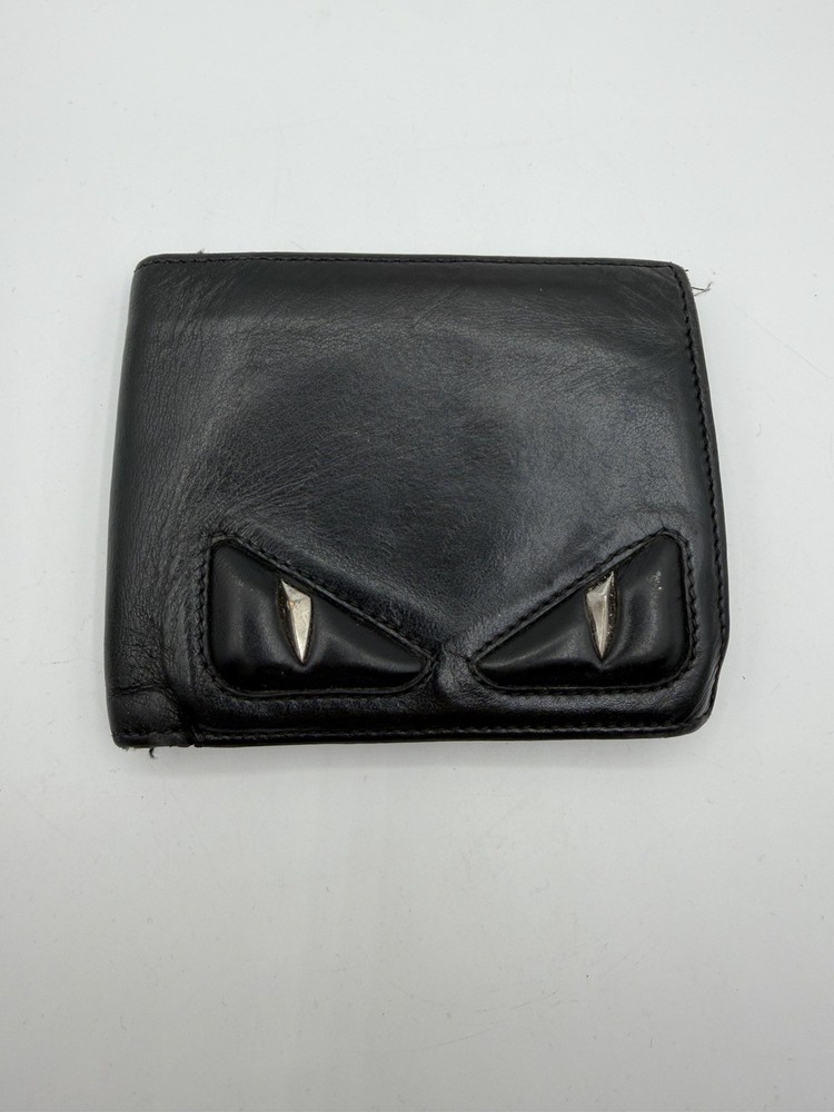 RARE Fendi Monster Eye Mens Wallet Black Leather Bifold Silver