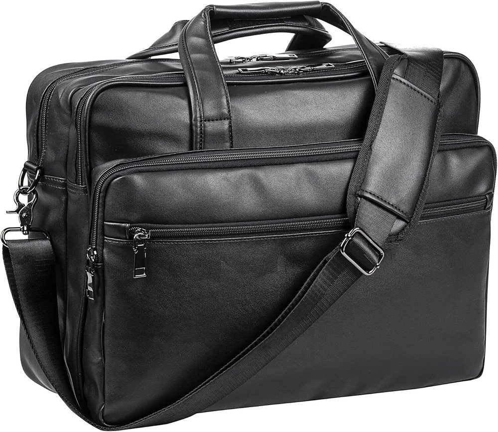 17.3Inch Mens Black Leather Laptop Messenger Bag for Work & Travel