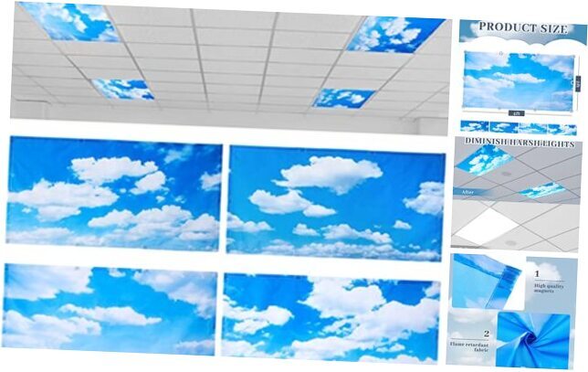 4 Pcs 4 x 2 Feet Fluorescent Light Covers for Ceiling Lights Blue Sky Cloud
