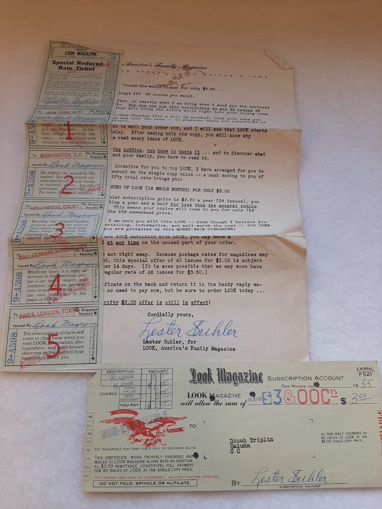 1955 Look Magazine Novelty Bank Check Discount Coupon Subscription Letter Vtg