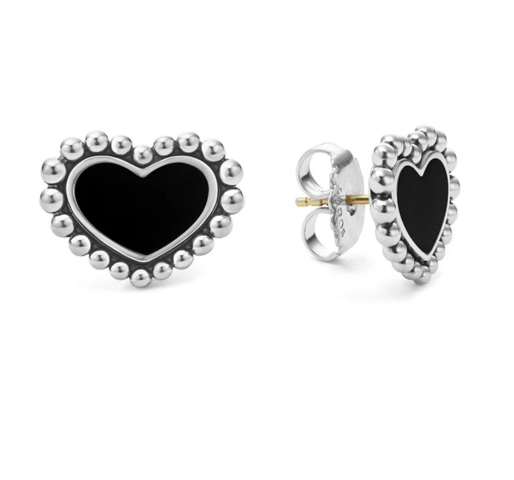 $350 Lagos Maya Onyx Heart Sterling Silver Caviar Stud Earrings