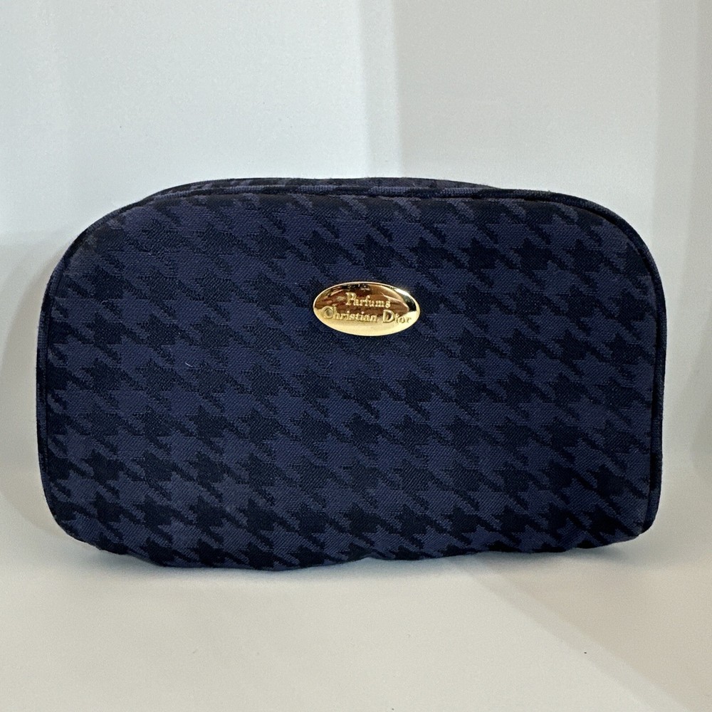 Vintage Dior Blue Plaid Zipper Cosmetic Bag Authentic