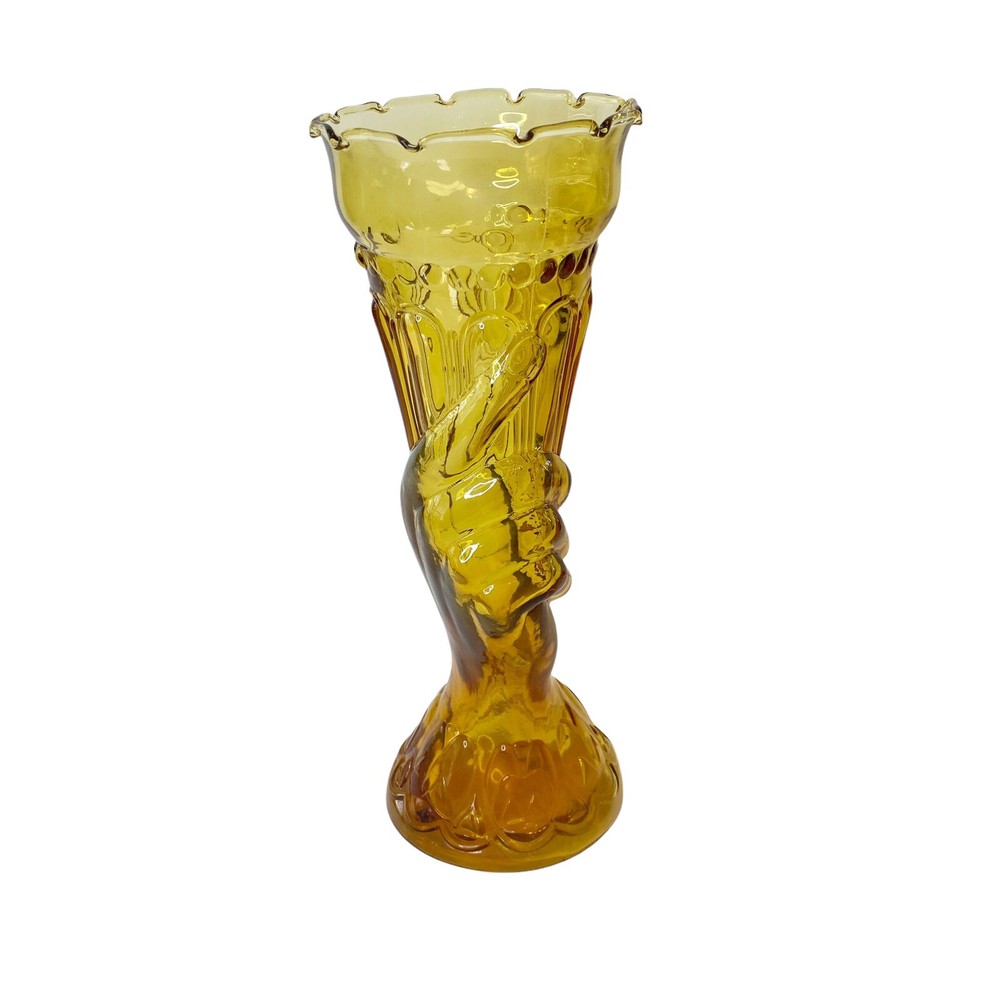 Vintage Fenton Amber Glass Figural Hand Torch Vase 10.5 Inch Museum Collection Bead