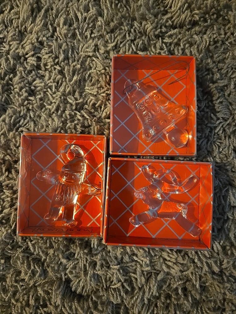 Kosta Boda Sweden Glass Christmas Ornament Lot - Gingerbread-Reindeer-Bell