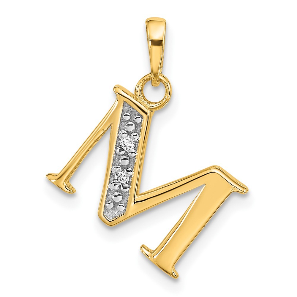 14k Yellow Gold with White Rhodium Diamond Letter M Initial Pendant L-0.88 Inch