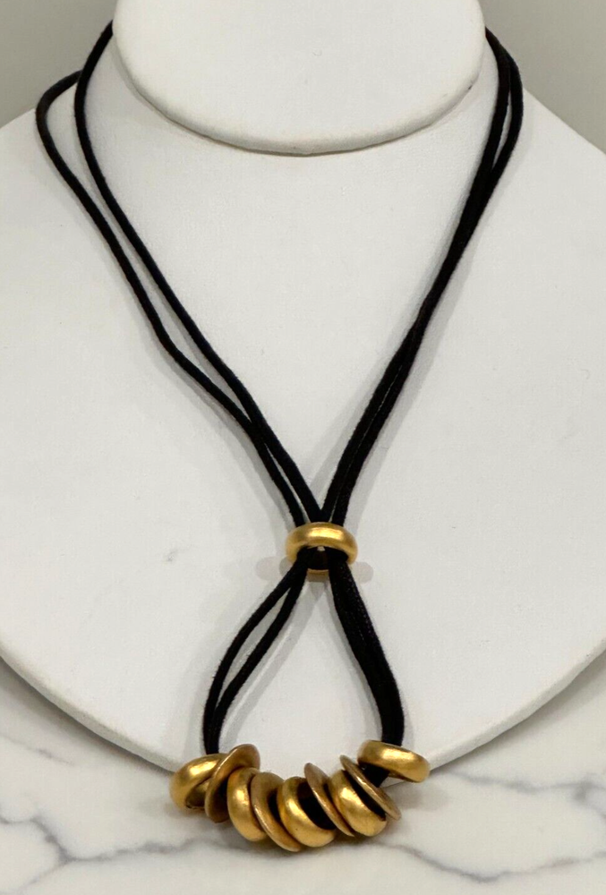 Celia Landman Black Leather Cord Necklace Sterling Silver Gold Vermeil 28