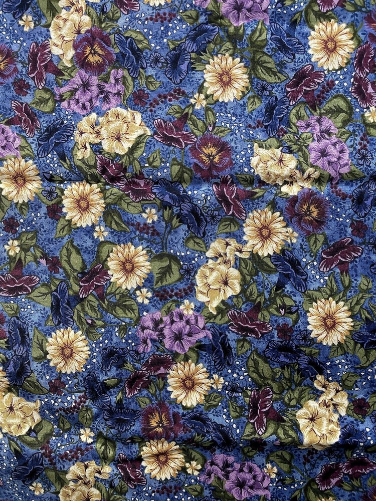 Purple Beige Floral on Blue 100% Cotton Leslie Beck/ Cranston Print Works BTY