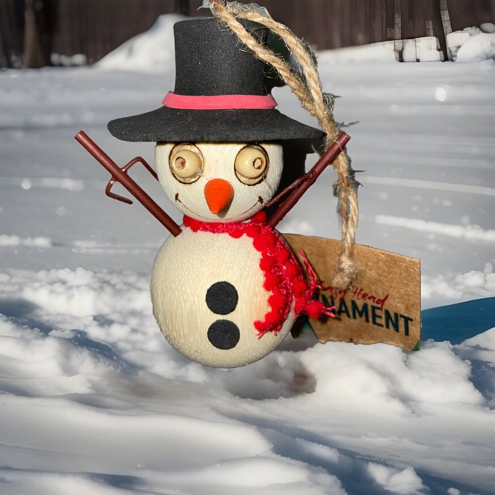Pier 1 Import 4in Wood Christmas Snowman Ornament with Crazy Head Carrot and Red Scarf