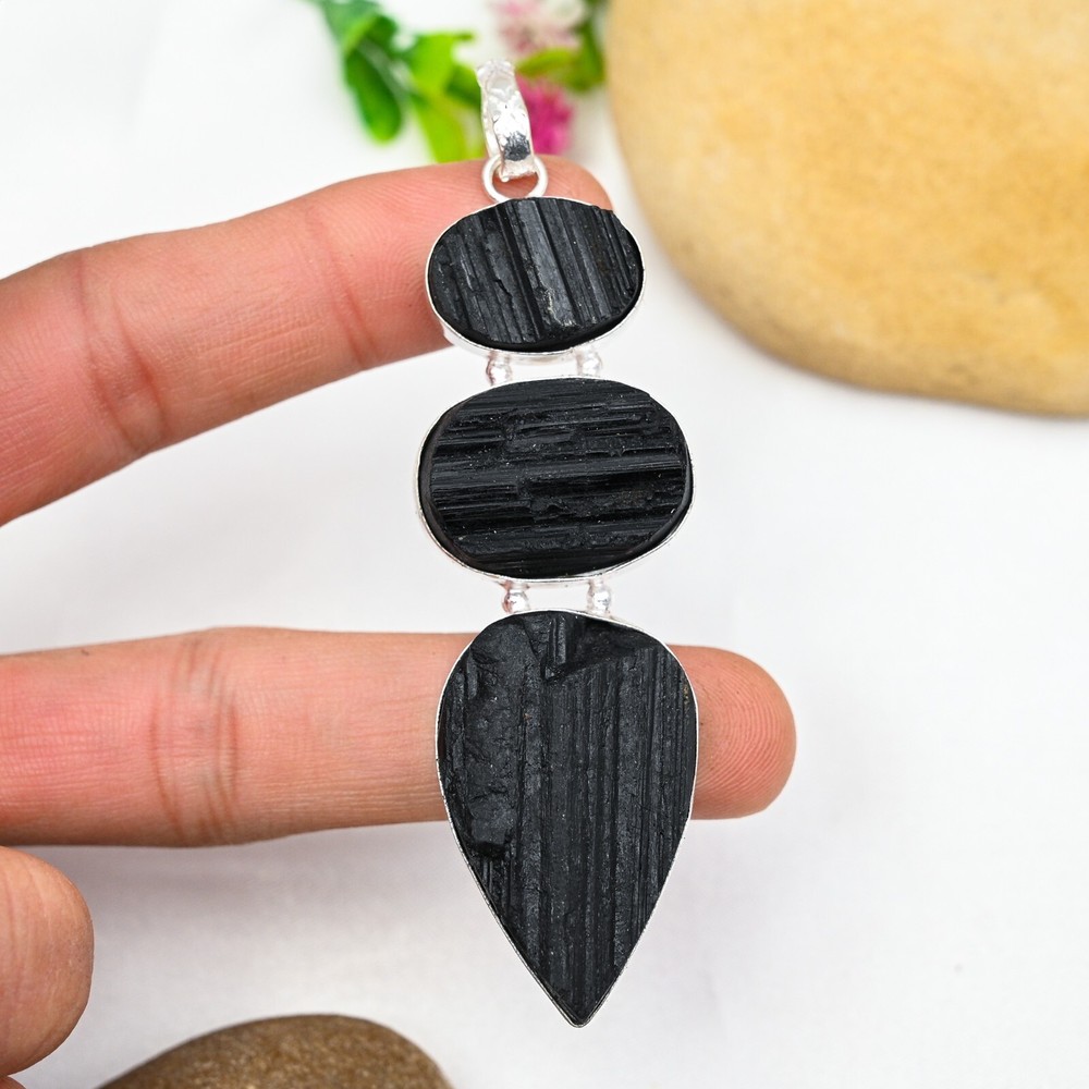 Black Tourmaline Rough Gemstone Pendant in 925 Sterling Silver Handmade Jewelry Gift