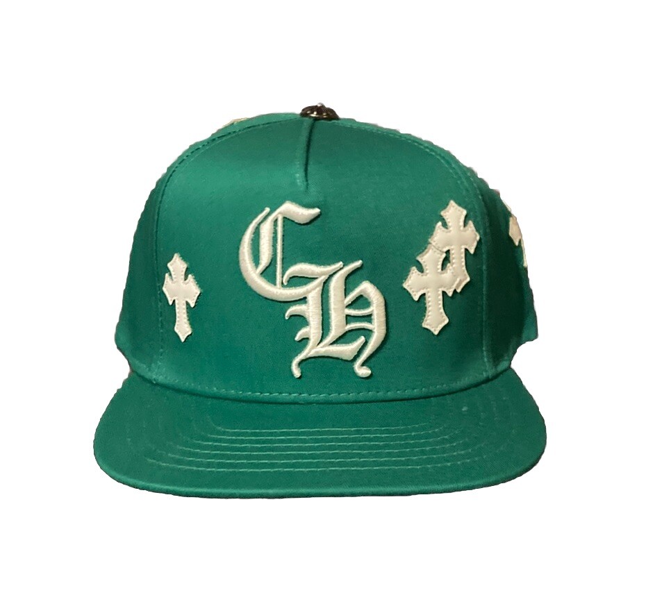 chrome hearts Baseball Cap Green With White Leather Crosses White Embroidered
