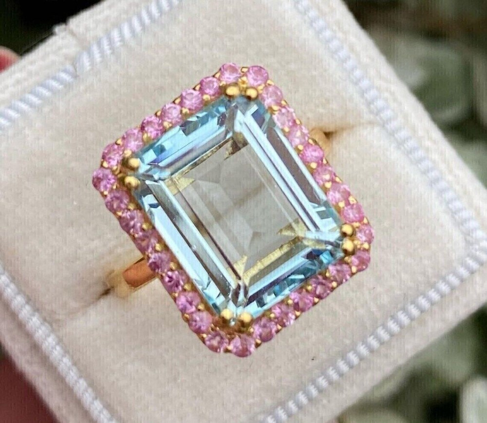 3Ct Emerald Cut Simulated Aquamarine Halo Engagement Ring 14K Yellow Gold Plated