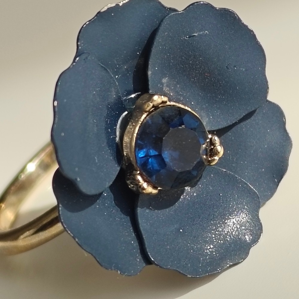 Navy Blue Flower Ring Enamel Statement Gold Tone Rhinestone Center Floral Large