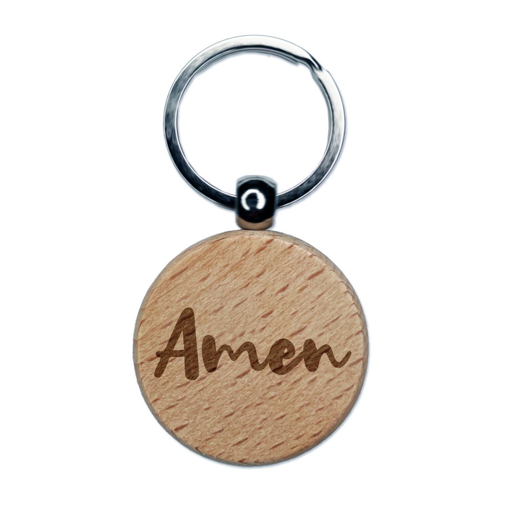 Prayer Keychain - Engraved Wood Round Charm with Cursive Amen Text