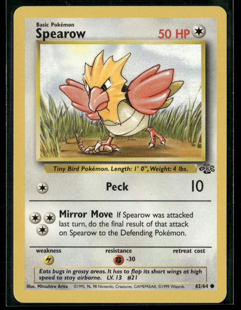 1999 Pokemon Spearow Holo Card 62/64 Rare Vintage Collectible