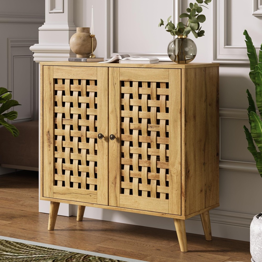Vintage FansaFurn 2-Door Storage Cabinet with Basket Weave Wooden Doors for Kitchen Organization