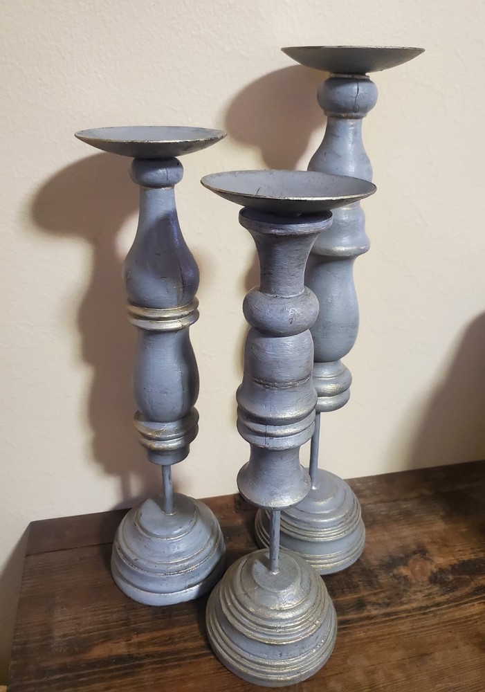 Shabby Chic Distressed Blue Gray Gold Wooden Pillar Candle Holders Set of 3