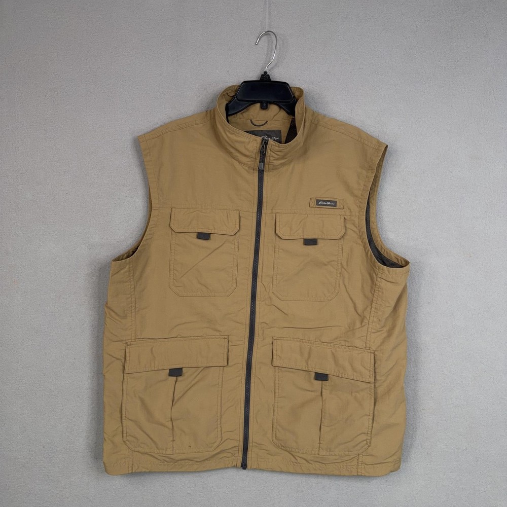 Eddie Bauer Vest Mens XL Beige Ripstop Tactical Tech Utility Travel Outdoor Gorp